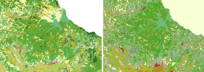Оригинален CORINE2006 (лево) и корегирана верзија (десно) на делот на Осоговските Планини