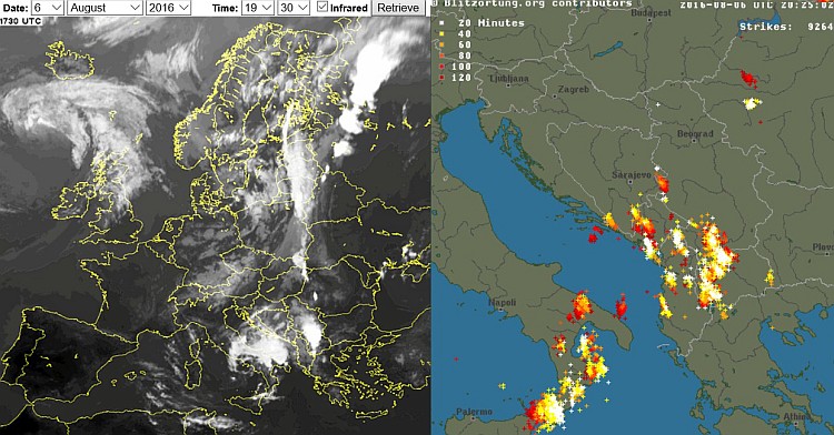 Состојба со невремето над Скопје, облачноста и молњите, според сателитските снимки на 6.08.206 во 20 часот!