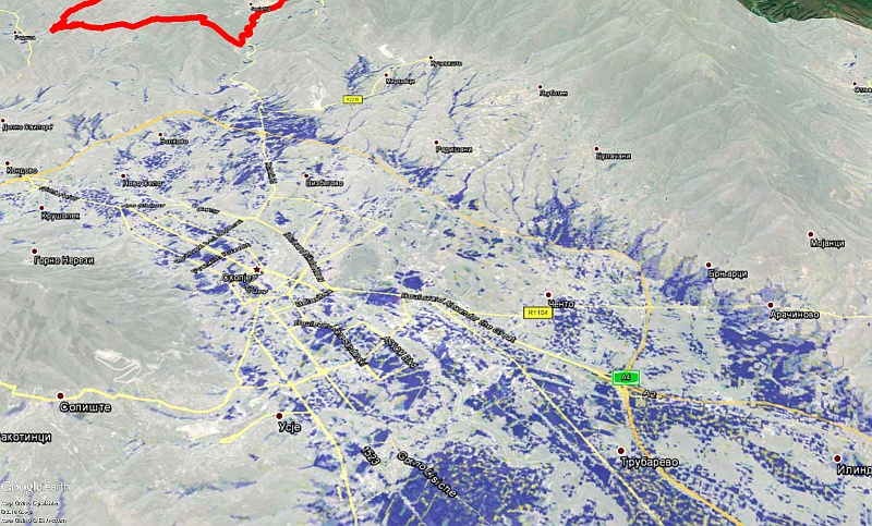 Модел на подрачја во Скопско со изразит ризик од поројни поплави (во предвид не е земено евентуалното излевање на Вардар).